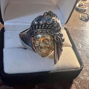 Men's Two-Tone Skull Headdress Ring — Black & Gold Finish